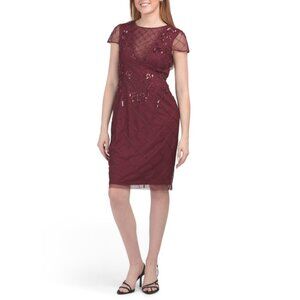ADRIANNA PAPELL Mahogany Short Sleeve Beaded Mini Cocktail Dress